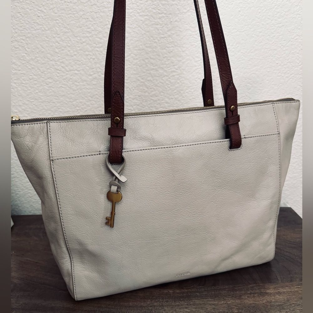 Fossil Off White Large Leather Shoulder Bag Tote Purse